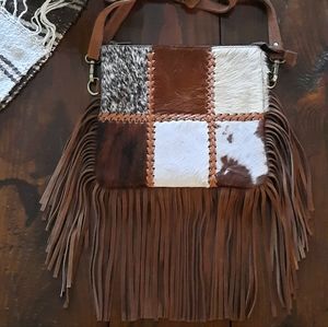 Genuine Suede Leather Fringe and Patchwork Cow Hair on Hide Crossbody Purse